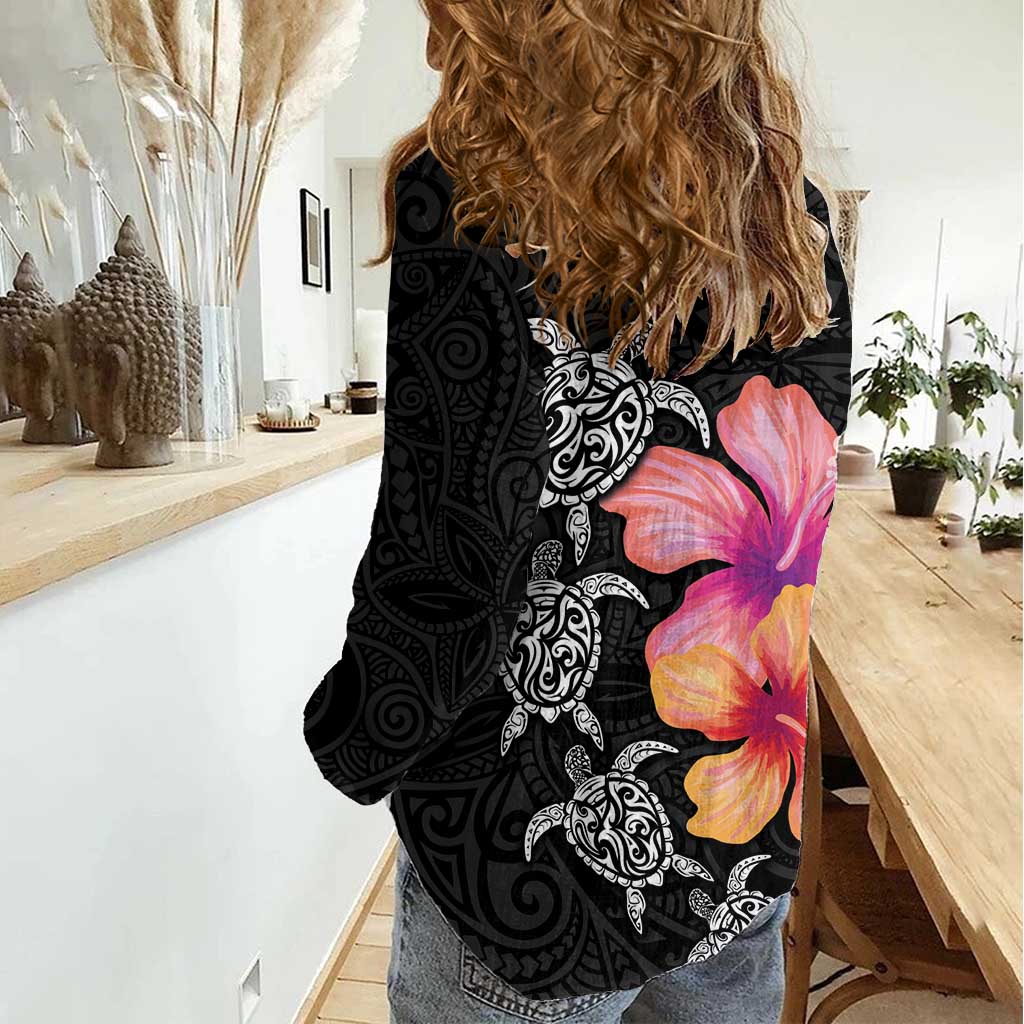 Hawaiian Hibiscus Turtle Tribal Polynesian Pattern Women Casual Shirt Black Color