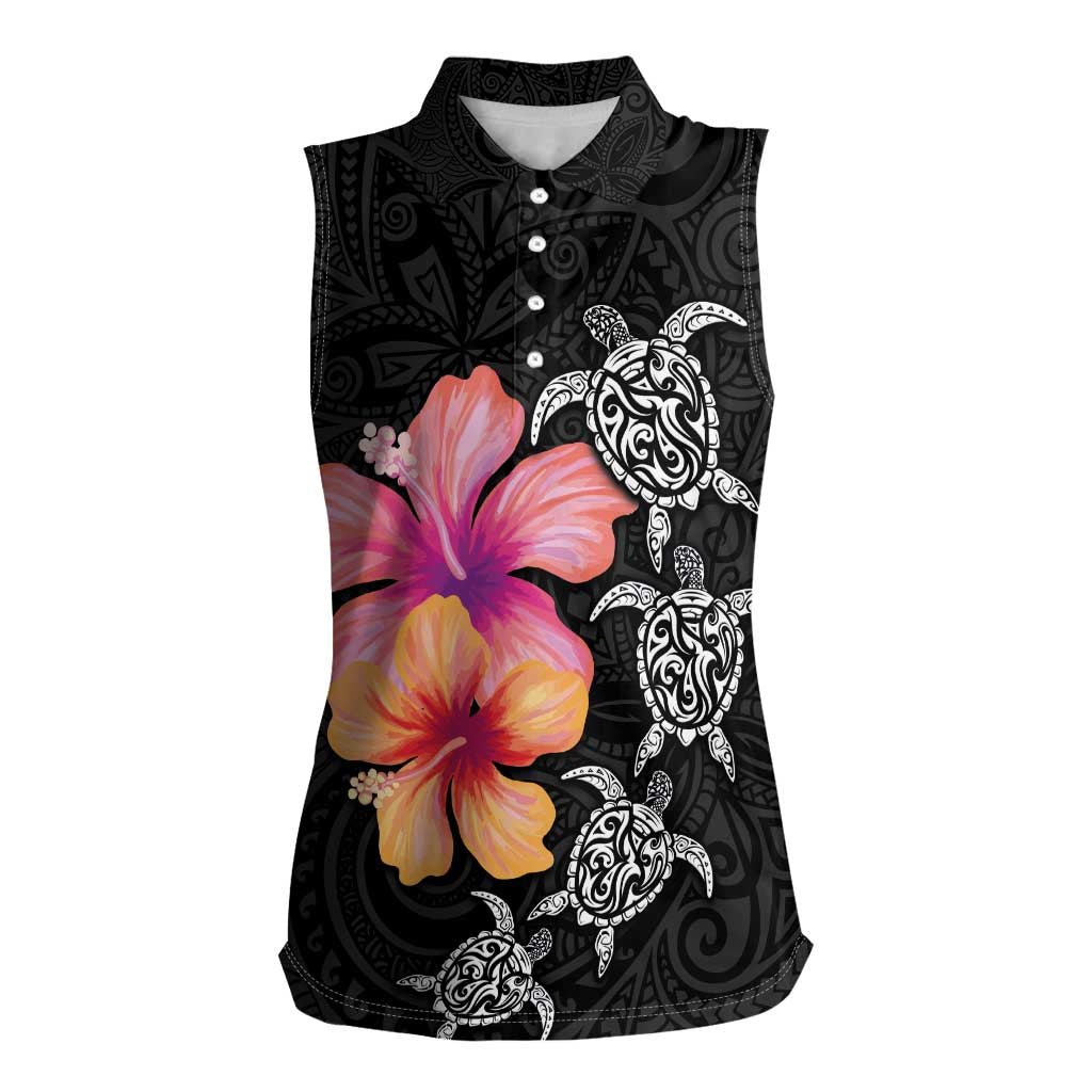 Hawaiian Hibiscus Turtle Tribal Polynesian Pattern Women Sleeveless Polo Shirt Black Color