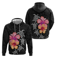Hawaiian Hibiscus Turtle Tribal Polynesian Pattern Zip Hoodie Black Color