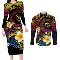 Hawaiian Plumeria Turtle Tribal Spiral Polynesian Tattoo Couples Matching Long Sleeve Bodycon Dress and Long Sleeve Button Shirt Fanciful Color