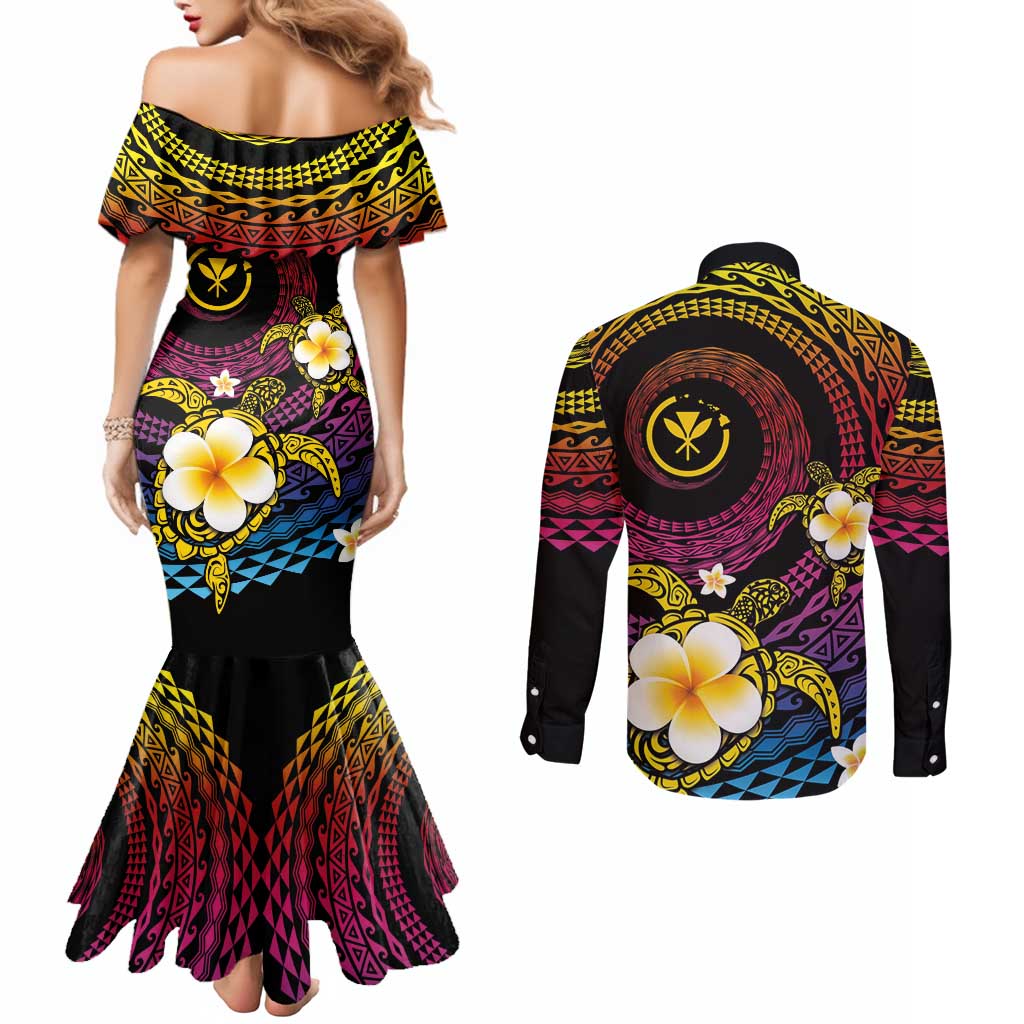 Hawaiian Plumeria Turtle Tribal Spiral Polynesian Tattoo Couples Matching Mermaid Dress and Long Sleeve Button Shirt Fanciful Color