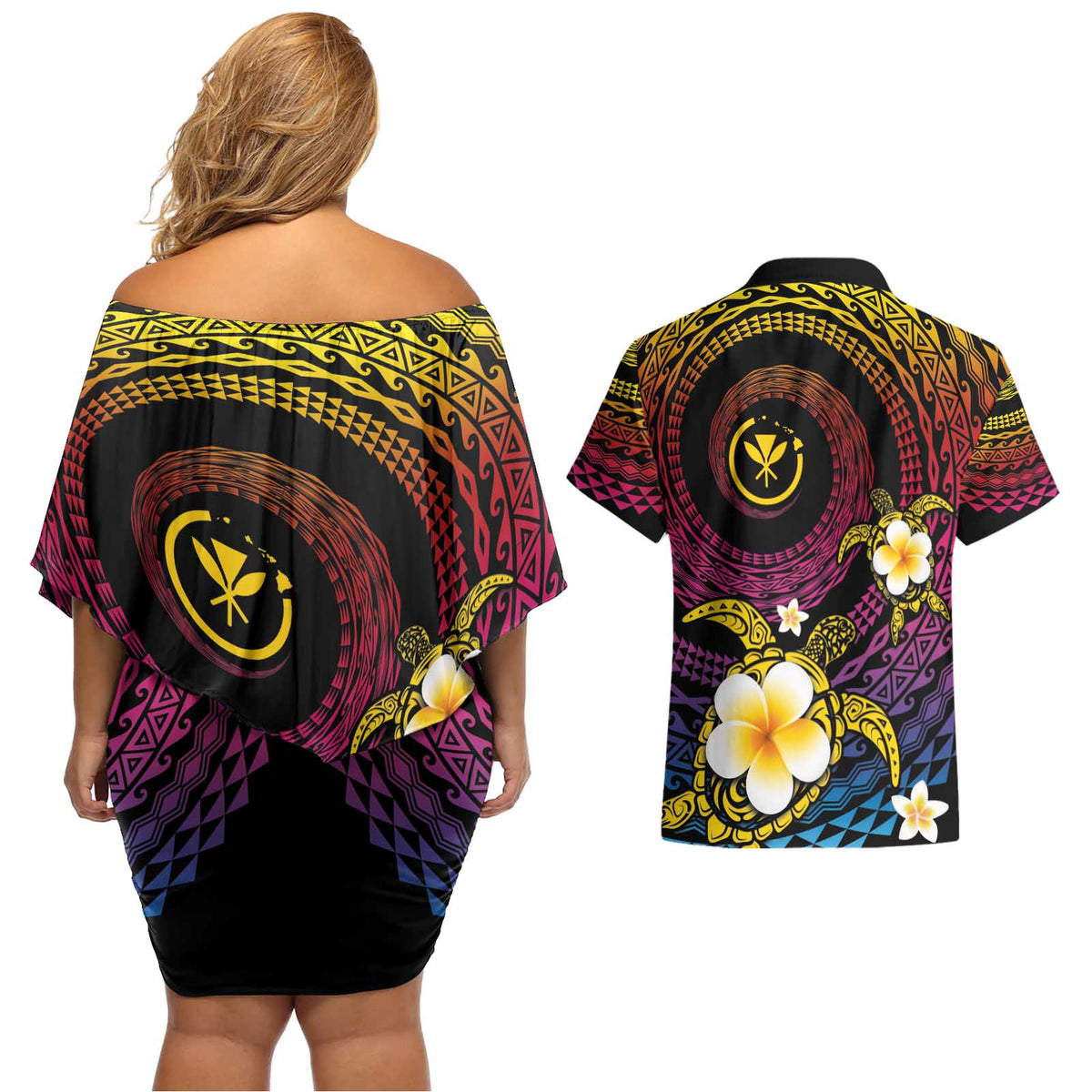 Hawaiian Plumeria Turtle Tribal Spiral Polynesian Tattoo Couples Matching Off Shoulder Short Dress and Hawaiian Shirt Fanciful Color