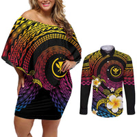 Hawaiian Plumeria Turtle Tribal Spiral Polynesian Tattoo Couples Matching Off Shoulder Short Dress and Long Sleeve Button Shirt Fanciful Color