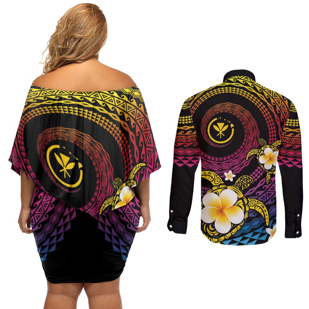 Hawaiian Plumeria Turtle Tribal Spiral Polynesian Tattoo Couples Matching Off Shoulder Short Dress and Long Sleeve Button Shirt Fanciful Color