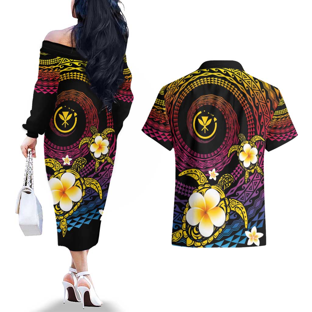 Hawaiian Plumeria Turtle Tribal Spiral Polynesian Tattoo Couples Matching Off The Shoulder Long Sleeve Dress and Hawaiian Shirt Fanciful Color