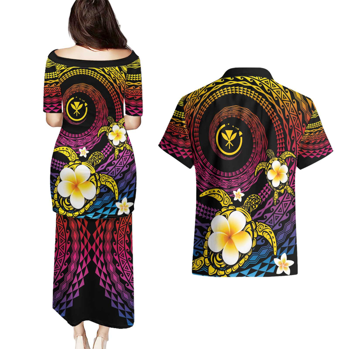 Hawaiian Plumeria Turtle Tribal Spiral Polynesian Tattoo Couples Matching Puletasi and Hawaiian Shirt Fanciful Color LT03 - Polynesian Pride