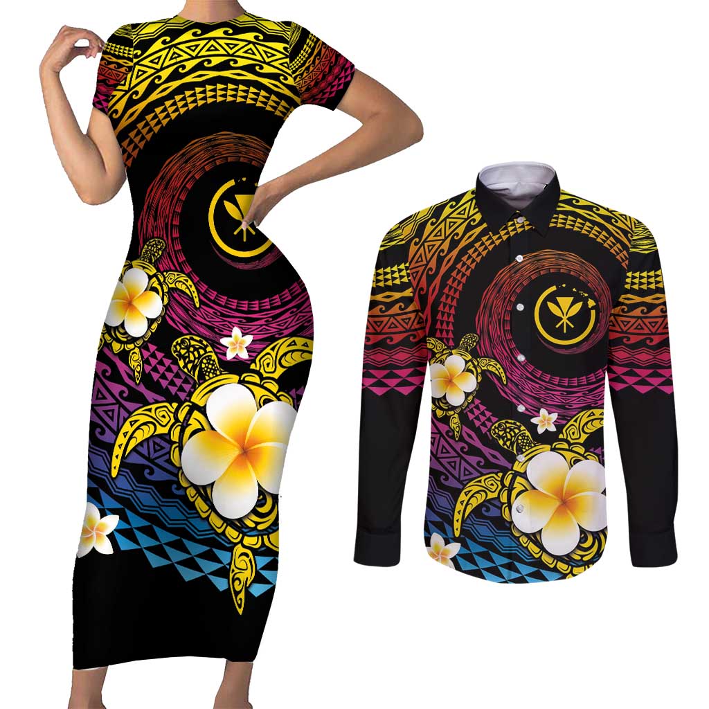 Hawaiian Plumeria Turtle Tribal Spiral Polynesian Tattoo Couples Matching Short Sleeve Bodycon Dress and Long Sleeve Button Shirt Fanciful Color
