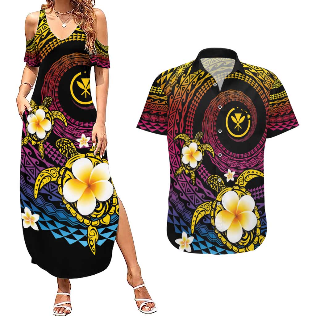 Hawaiian Plumeria Turtle Tribal Spiral Polynesian Tattoo Couples Matching Summer Maxi Dress and Hawaiian Shirt Fanciful Color