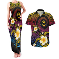 Hawaiian Plumeria Turtle Tribal Spiral Polynesian Tattoo Couples Matching Tank Maxi Dress and Hawaiian Shirt Fanciful Color