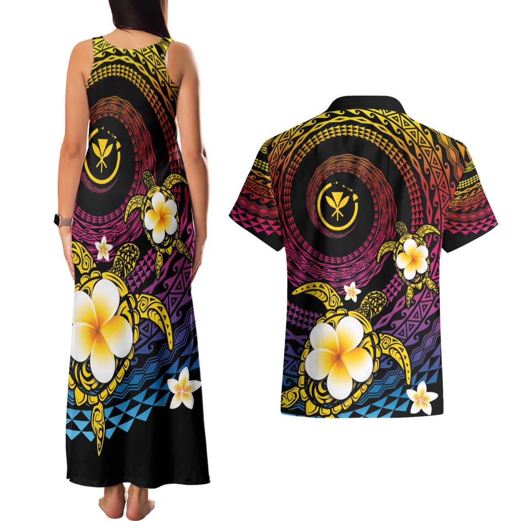 Hawaiian Plumeria Turtle Tribal Spiral Polynesian Tattoo Couples Matching Tank Maxi Dress and Hawaiian Shirt Fanciful Color