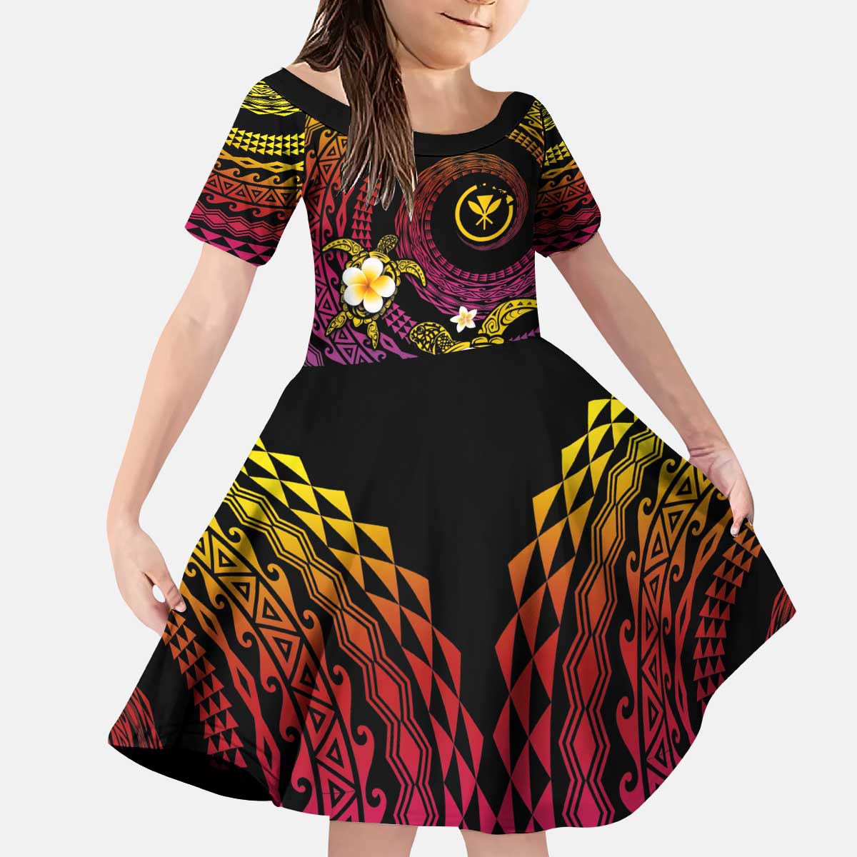 Hawaiian Plumeria Turtle Tribal Spiral Polynesian Tattoo Family Matching Puletasi and Hawaiian Shirt Fanciful Color LT03 Daughter's Dress Gradient - Polynesian Pride