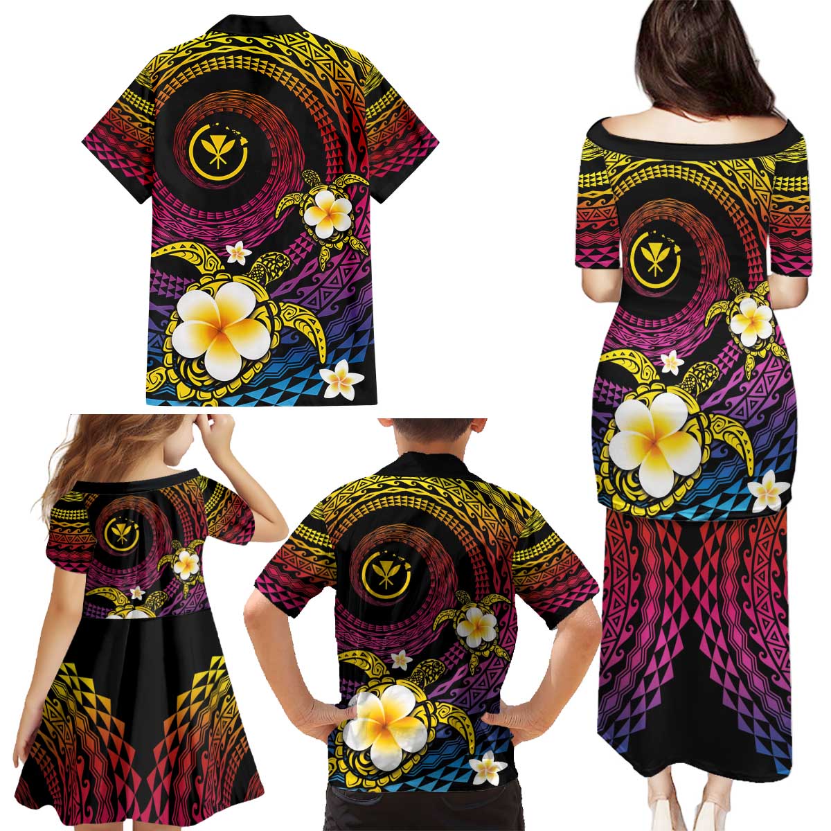 Hawaiian Plumeria Turtle Tribal Spiral Polynesian Tattoo Family Matching Puletasi and Hawaiian Shirt Fanciful Color LT03 - Polynesian Pride