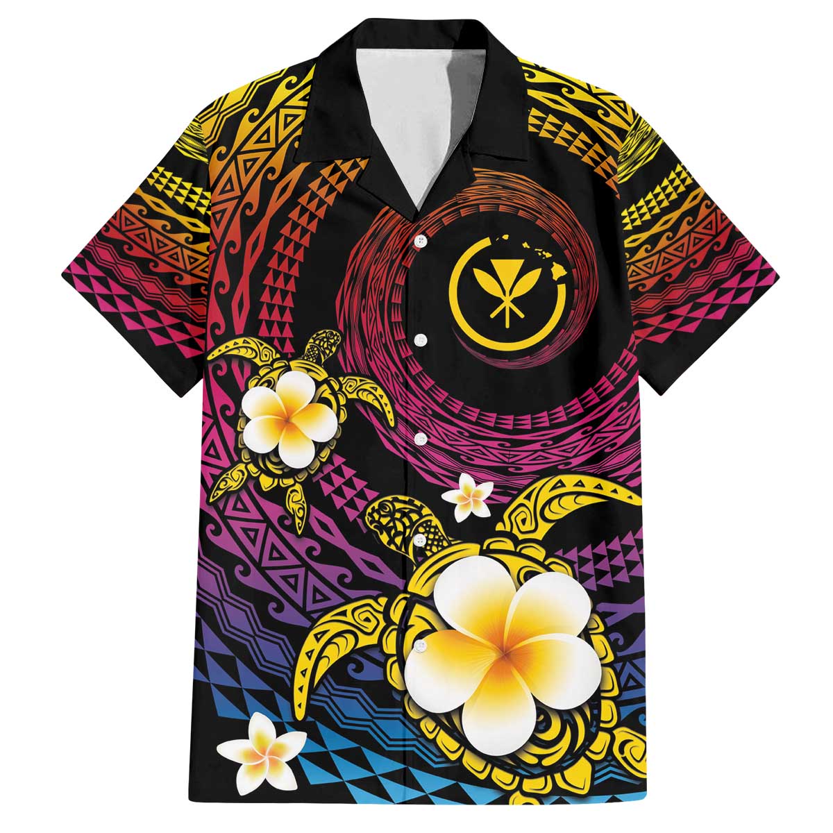 Hawaiian Plumeria Turtle Tribal Spiral Polynesian Tattoo Family Matching Puletasi and Hawaiian Shirt Fanciful Color LT03 Dad's Shirt - Short Sleeve Gradient - Polynesian Pride