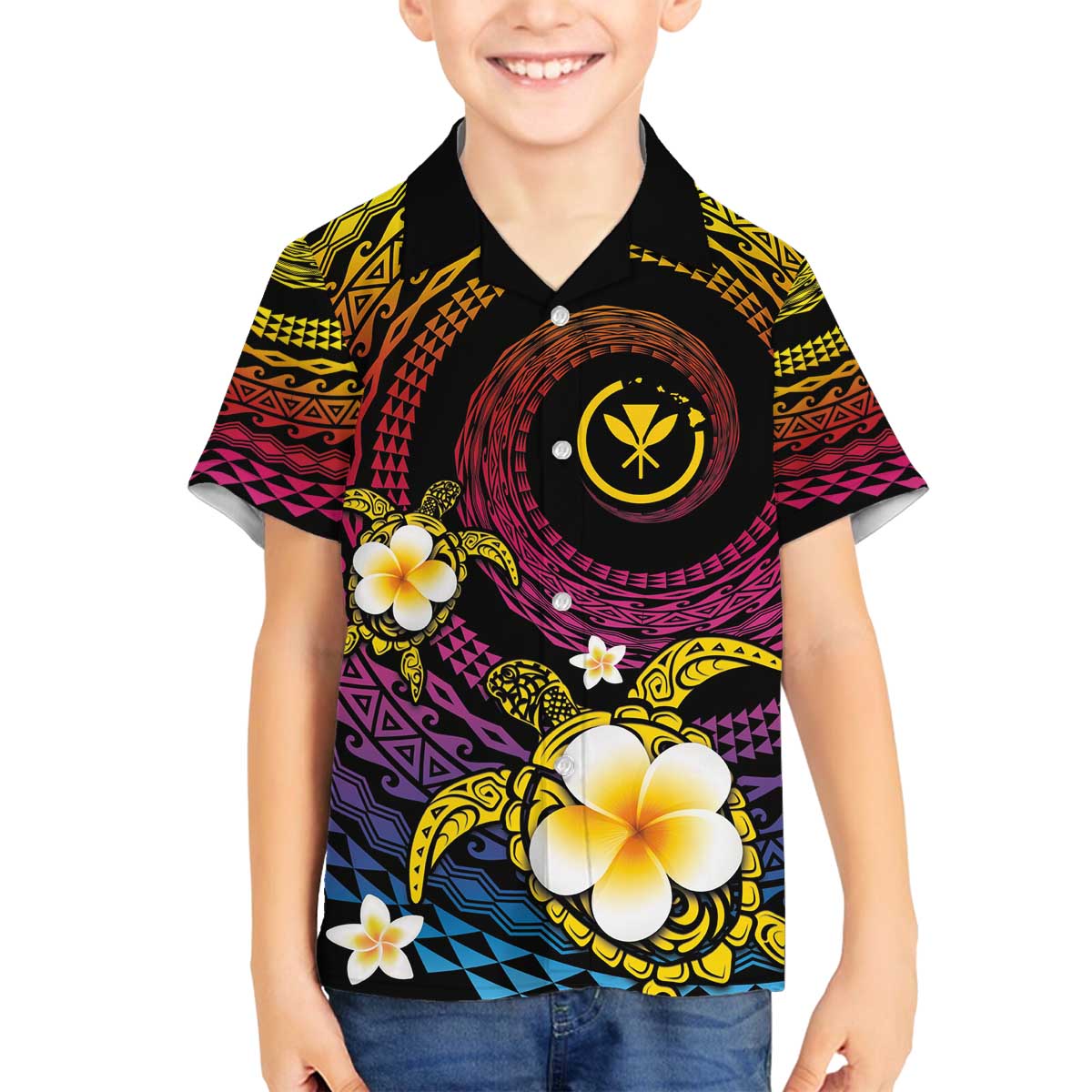 Hawaiian Plumeria Turtle Tribal Spiral Polynesian Tattoo Family Matching Puletasi and Hawaiian Shirt Fanciful Color LT03 Son's Shirt Gradient - Polynesian Pride