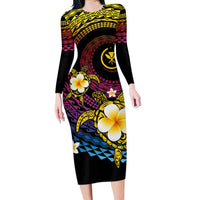 Hawaiian Plumeria Turtle Tribal Spiral Polynesian Tattoo Long Sleeve Bodycon Dress Fanciful Color LT03 Long Dress Gradient - Polynesian Pride
