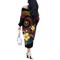 Hawaiian Plumeria Turtle Tribal Spiral Polynesian Tattoo Off The Shoulder Long Sleeve Dress Fanciful Color
