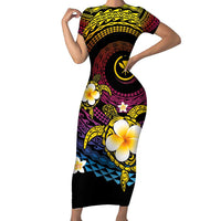 Hawaiian Plumeria Turtle Tribal Spiral Polynesian Tattoo Short Sleeve Bodycon Dress Fanciful Color LT03 Long Dress Gradient - Polynesian Pride
