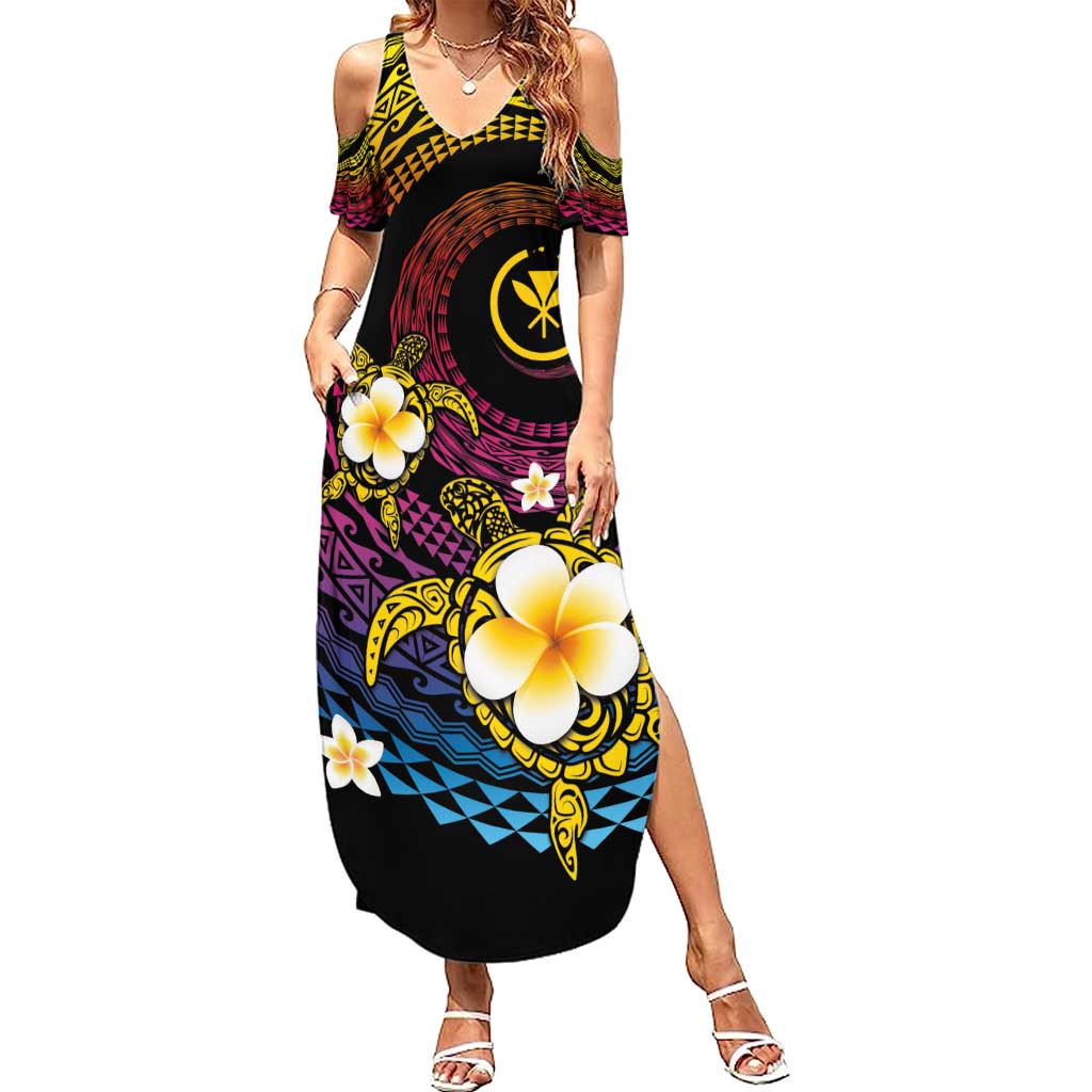 Hawaiian Plumeria Turtle Tribal Spiral Polynesian Tattoo Summer Maxi Dress Fanciful Color