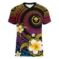 Hawaiian Plumeria Turtle Tribal Spiral Polynesian Tattoo Women V-Neck T-Shirt Fanciful Color LT03 Female Gradient - Polynesian Pride