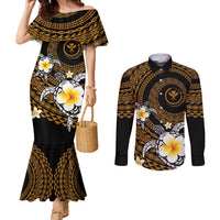 Hawaiian Plumeria Turtle Tribal Spiral Polynesian Tattoo Couples Matching Mermaid Dress and Long Sleeve Button Shirt Gold Color