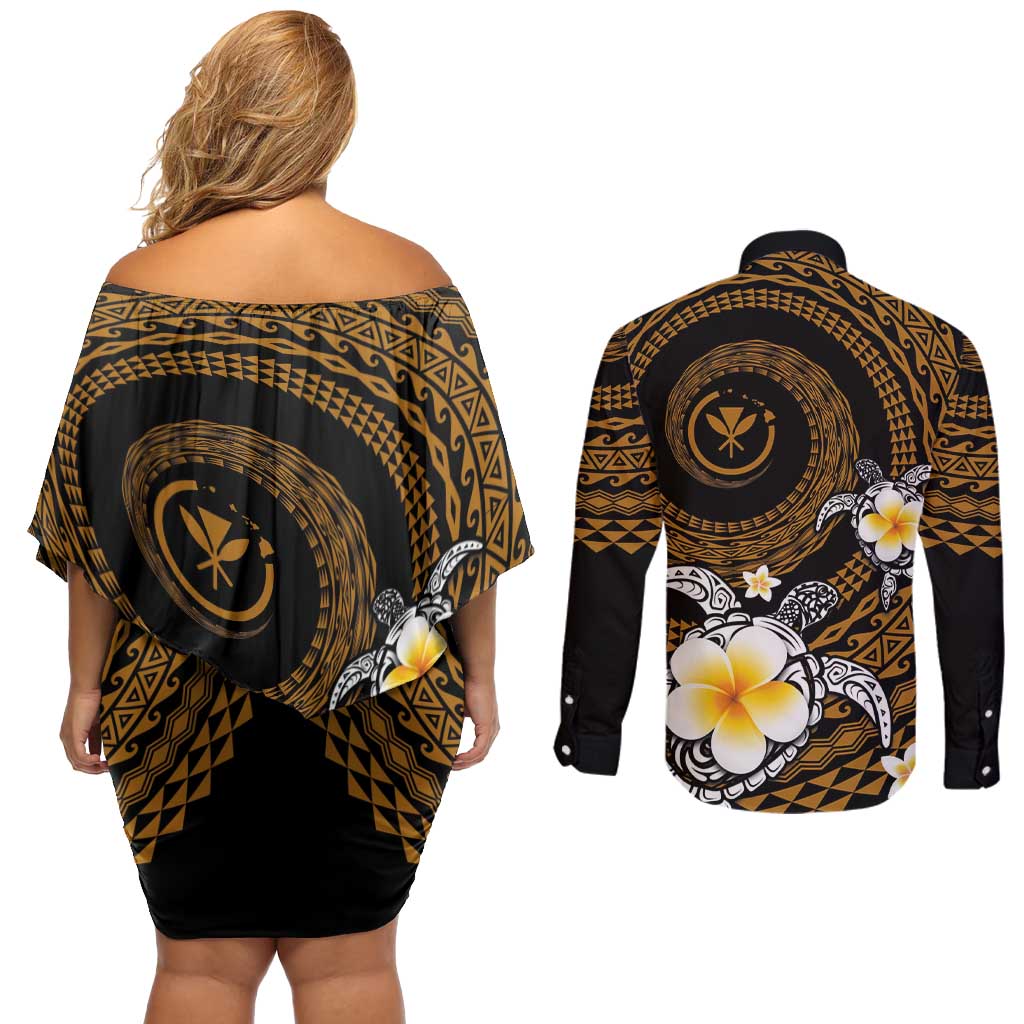 Hawaiian Plumeria Turtle Tribal Spiral Polynesian Tattoo Couples Matching Off Shoulder Short Dress and Long Sleeve Button Shirt Gold Color