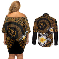 Hawaiian Plumeria Turtle Tribal Spiral Polynesian Tattoo Couples Matching Off Shoulder Short Dress and Long Sleeve Button Shirt Gold Color