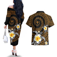 Hawaiian Plumeria Turtle Tribal Spiral Polynesian Tattoo Couples Matching Off The Shoulder Long Sleeve Dress and Hawaiian Shirt Gold Color