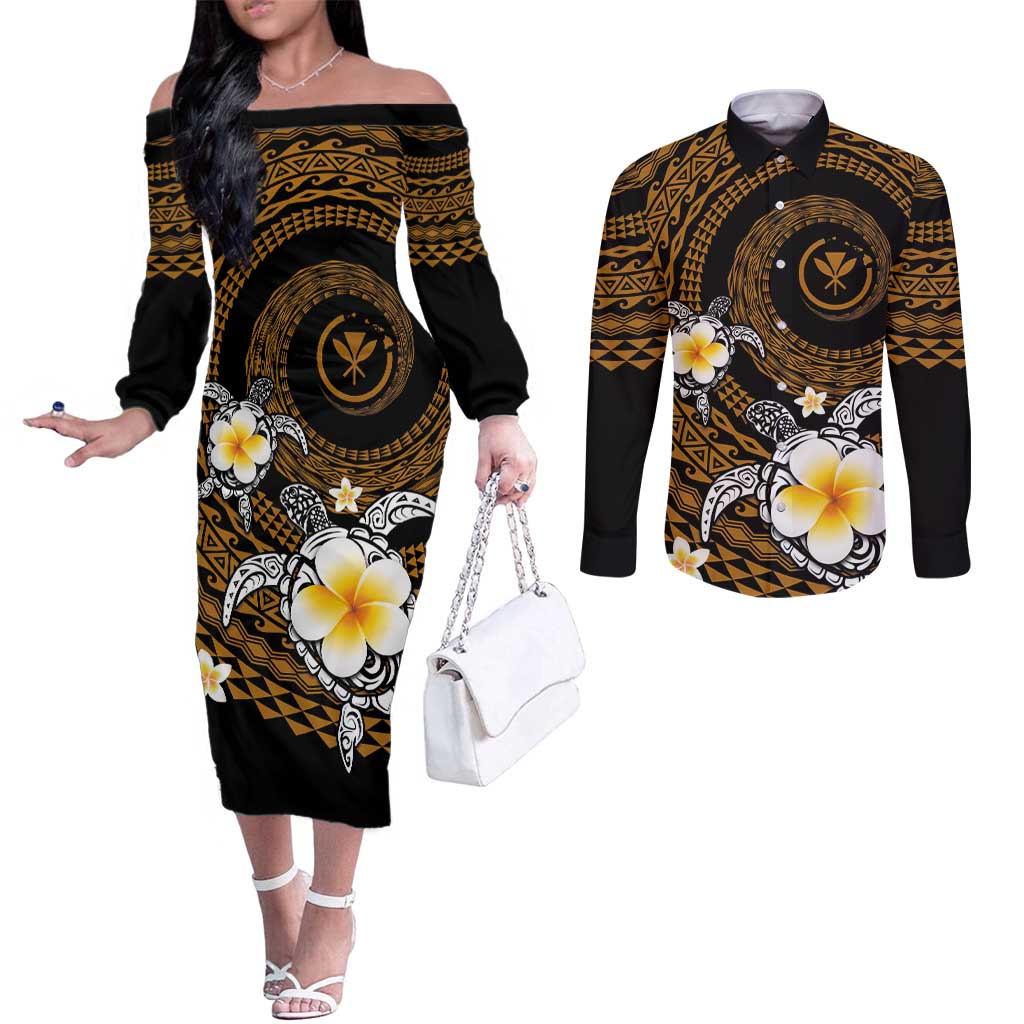 Hawaiian Plumeria Turtle Tribal Spiral Polynesian Tattoo Couples Matching Off The Shoulder Long Sleeve Dress and Long Sleeve Button Shirt Gold Color