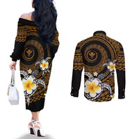 Hawaiian Plumeria Turtle Tribal Spiral Polynesian Tattoo Couples Matching Off The Shoulder Long Sleeve Dress and Long Sleeve Button Shirt Gold Color