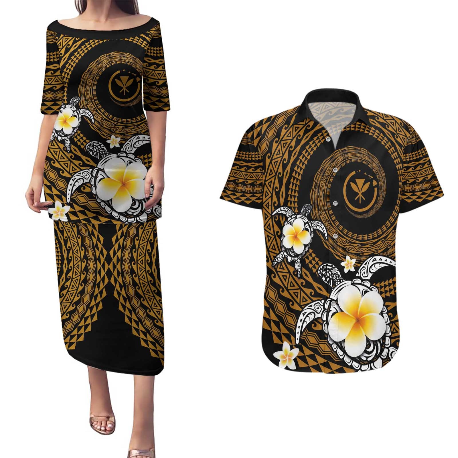 Hawaiian Plumeria Turtle Tribal Spiral Polynesian Tattoo Couples Matching Puletasi and Hawaiian Shirt Gold Color