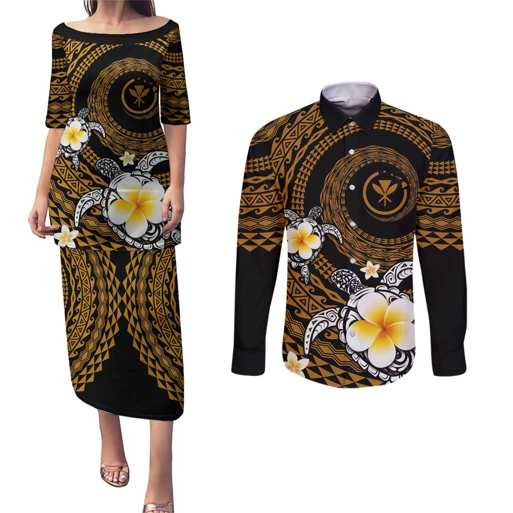 Hawaiian Plumeria Turtle Tribal Spiral Polynesian Tattoo Couples Matching Puletasi and Long Sleeve Button Shirt Gold Color LT03 Gold - Polynesian Pride