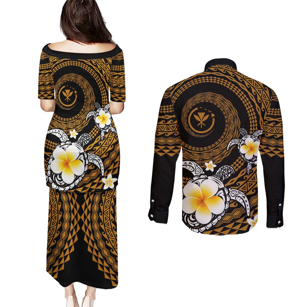 Hawaiian Plumeria Turtle Tribal Spiral Polynesian Tattoo Couples Matching Puletasi and Long Sleeve Button Shirt Gold Color LT03 - Polynesian Pride