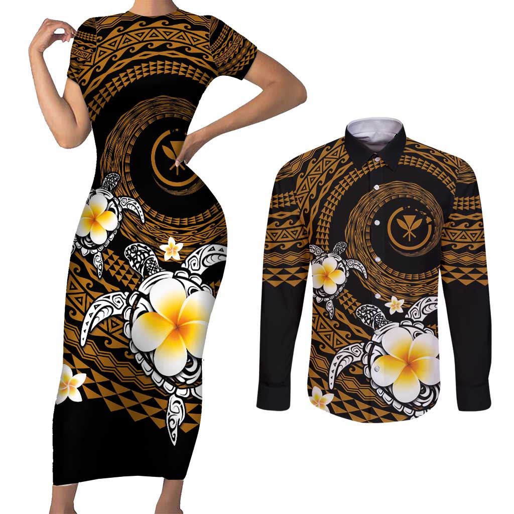 Hawaiian Plumeria Turtle Tribal Spiral Polynesian Tattoo Couples Matching Short Sleeve Bodycon Dress and Long Sleeve Button Shirt Gold Color
