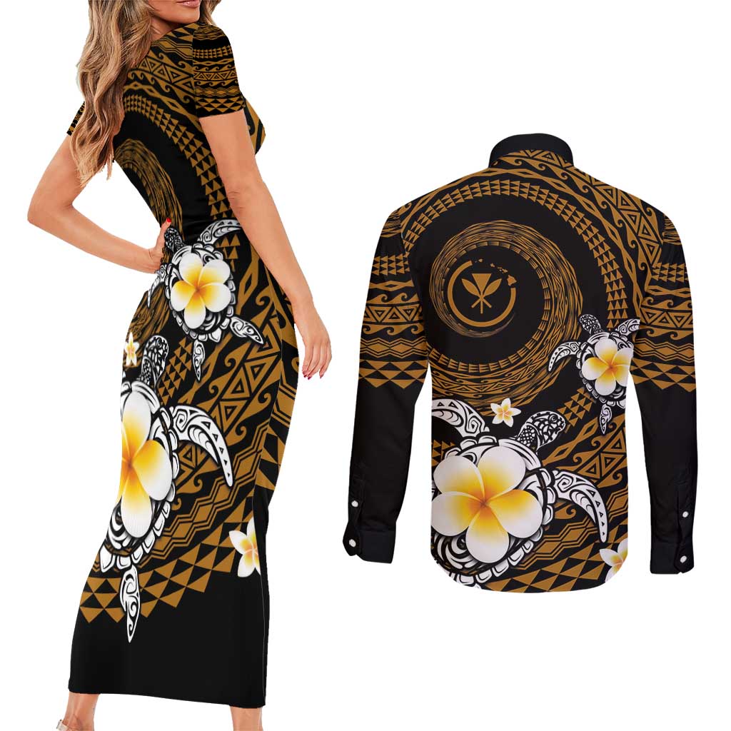 Hawaiian Plumeria Turtle Tribal Spiral Polynesian Tattoo Couples Matching Short Sleeve Bodycon Dress and Long Sleeve Button Shirt Gold Color