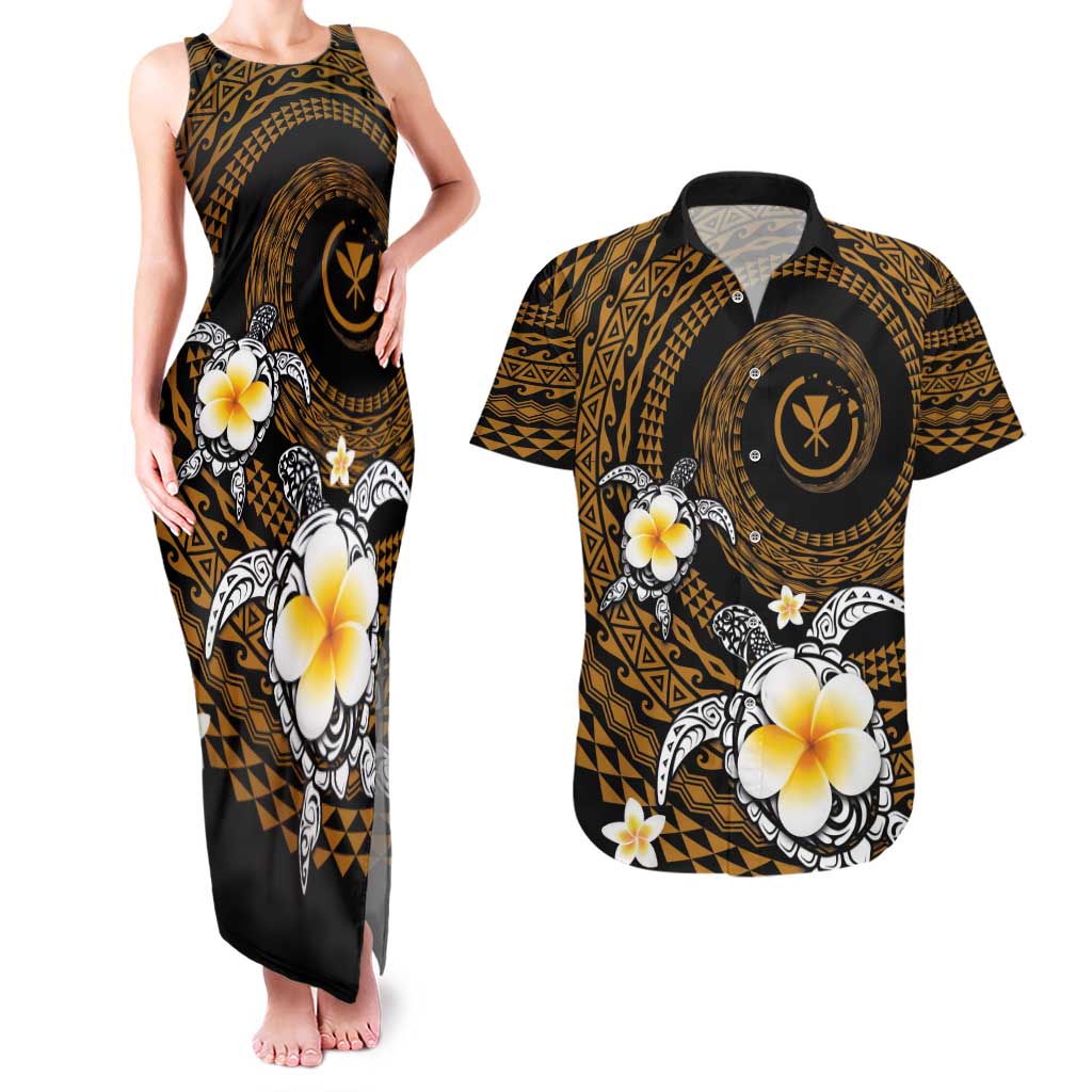 Hawaiian Plumeria Turtle Tribal Spiral Polynesian Tattoo Couples Matching Tank Maxi Dress and Hawaiian Shirt Gold Color