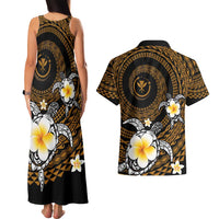 Hawaiian Plumeria Turtle Tribal Spiral Polynesian Tattoo Couples Matching Tank Maxi Dress and Hawaiian Shirt Gold Color