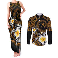 Hawaiian Plumeria Turtle Tribal Spiral Polynesian Tattoo Couples Matching Tank Maxi Dress and Long Sleeve Button Shirt Gold Color