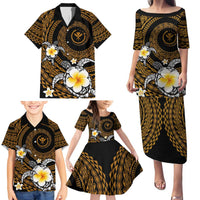 Hawaiian Plumeria Turtle Tribal Spiral Polynesian Tattoo Family Matching Puletasi and Hawaiian Shirt Gold Color LT03 - Polynesian Pride