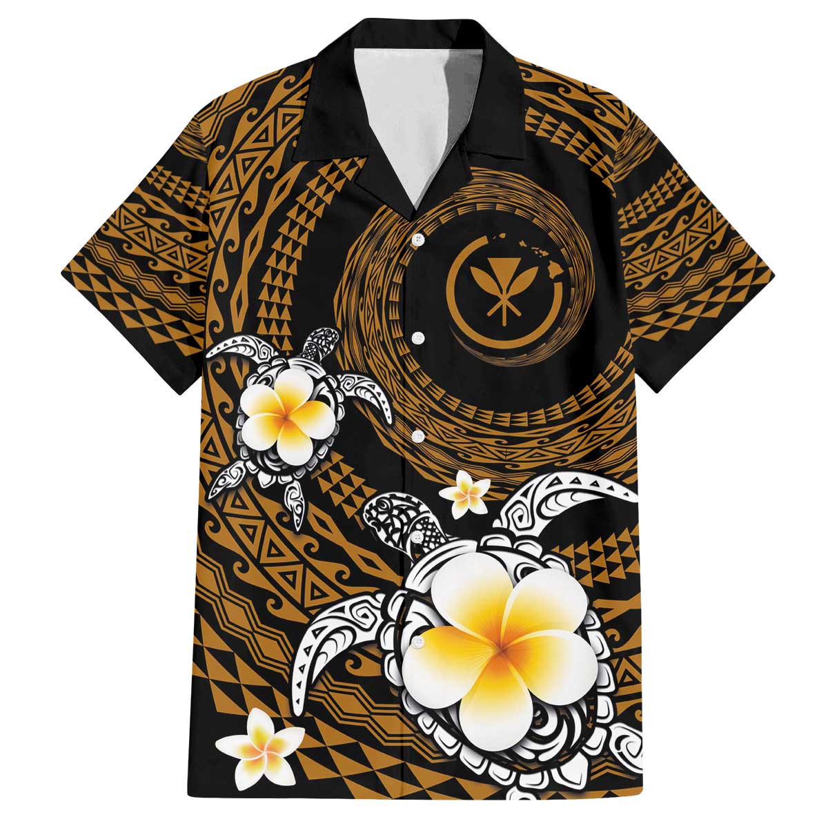 Hawaiian Plumeria Turtle Tribal Spiral Polynesian Tattoo Family Matching Puletasi and Hawaiian Shirt Gold Color LT03 Dad's Shirt - Short Sleeve Gold - Polynesian Pride