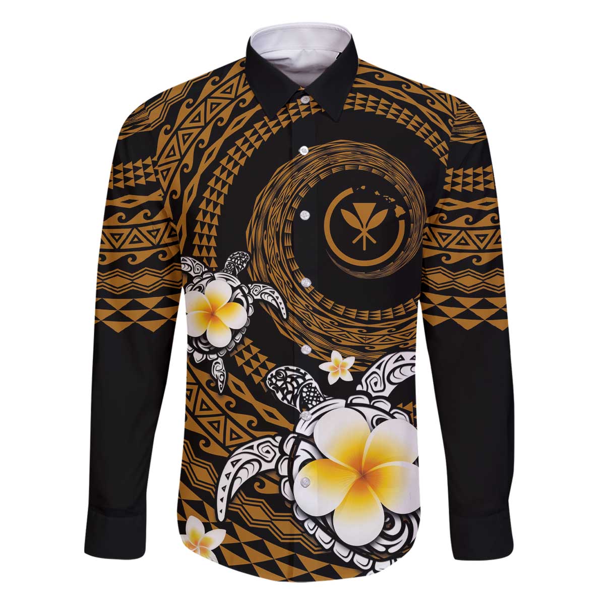 Hawaiian Plumeria Turtle Tribal Spiral Polynesian Tattoo Family Matching Puletasi and Hawaiian Shirt Gold Color LT03 Dad's Shirt - Long Sleeve Gold - Polynesian Pride