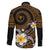 Hawaiian Plumeria Turtle Tribal Spiral Polynesian Tattoo Family Matching Short Sleeve Bodycon Dress and Hawaiian Shirt Gold Color