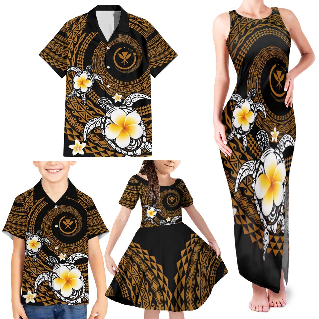 Hawaiian Plumeria Turtle Tribal Spiral Polynesian Tattoo Family Matching Tank Maxi Dress and Hawaiian Shirt Gold Color