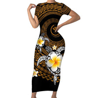 Hawaiian Plumeria Turtle Tribal Spiral Polynesian Tattoo Short Sleeve Bodycon Dress Gold Color LT03 Long Dress Gold - Polynesian Pride