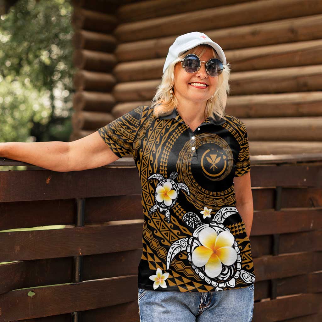 Hawaiian Plumeria Turtle Tribal Spiral Polynesian Tattoo Women Polo Shirt Gold Color LT03 - Polynesian Pride