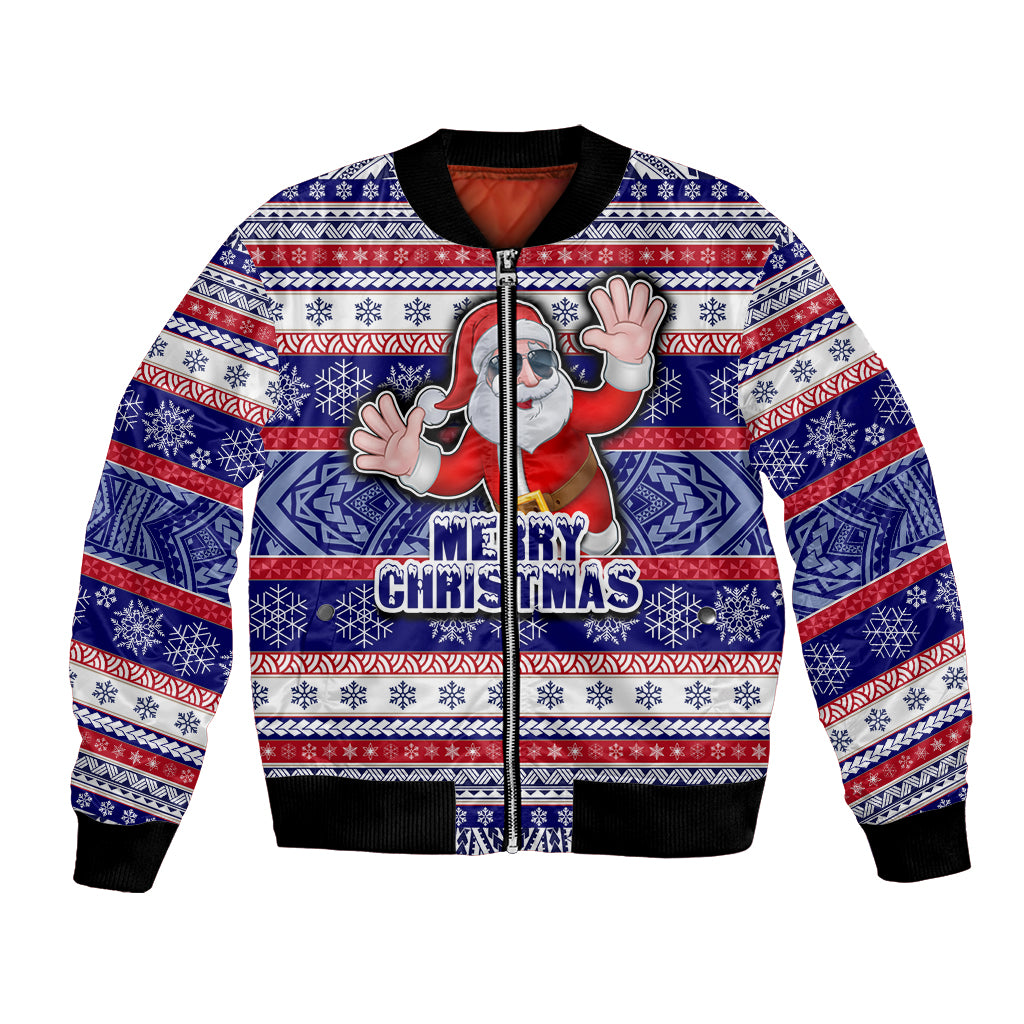 Custom American Samoa Christmas Bomber Jacket Samoan Coat of Arms and Cool Santa Ornament Style LT03 Unisex Blue - Polynesian Pride