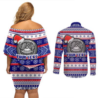 Custom American Samoa Christmas Couples Matching Off Shoulder Short Dress and Long Sleeve Button Shirts Samoan Coat of Arms and Cool Santa Ornament Style LT03 - Polynesian Pride