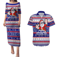 Custom American Samoa Christmas Couples Matching Puletasi Dress and Hawaiian Shirt Samoan Coat of Arms and Cool Santa Ornament Style LT03 Blue - Polynesian Pride