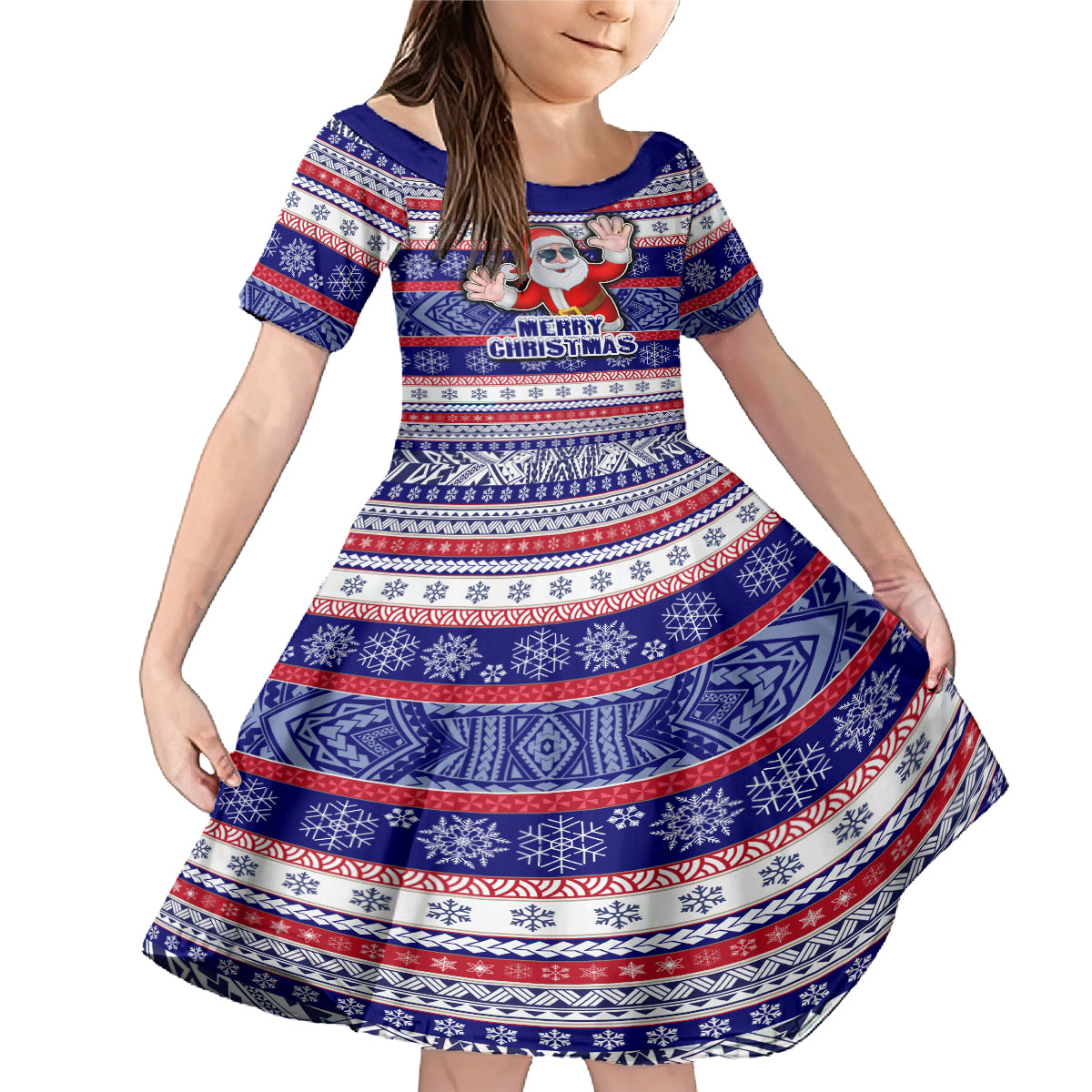 Custom American Samoa Christmas Family Matching Mermaid Dress and Hawaiian Shirt Samoan Coat of Arms and Cool Santa Ornament Style LT03 Daughter's Dress Blue - Polynesian Pride