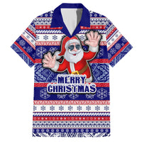 Custom American Samoa Christmas Family Matching Off Shoulder Short Dress and Hawaiian Shirt Samoan Coat of Arms and Cool Santa Ornament Style LT03 Dad's Shirt - Short Sleeve Blue - Polynesian Pride