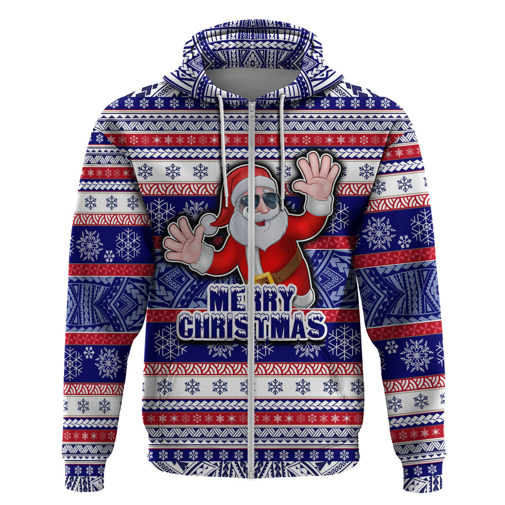 Custom American Samoa Christmas Hoodie Samoan Coat of Arms and Cool Santa Ornament Style LT03 Zip Hoodie Blue - Polynesian Pride